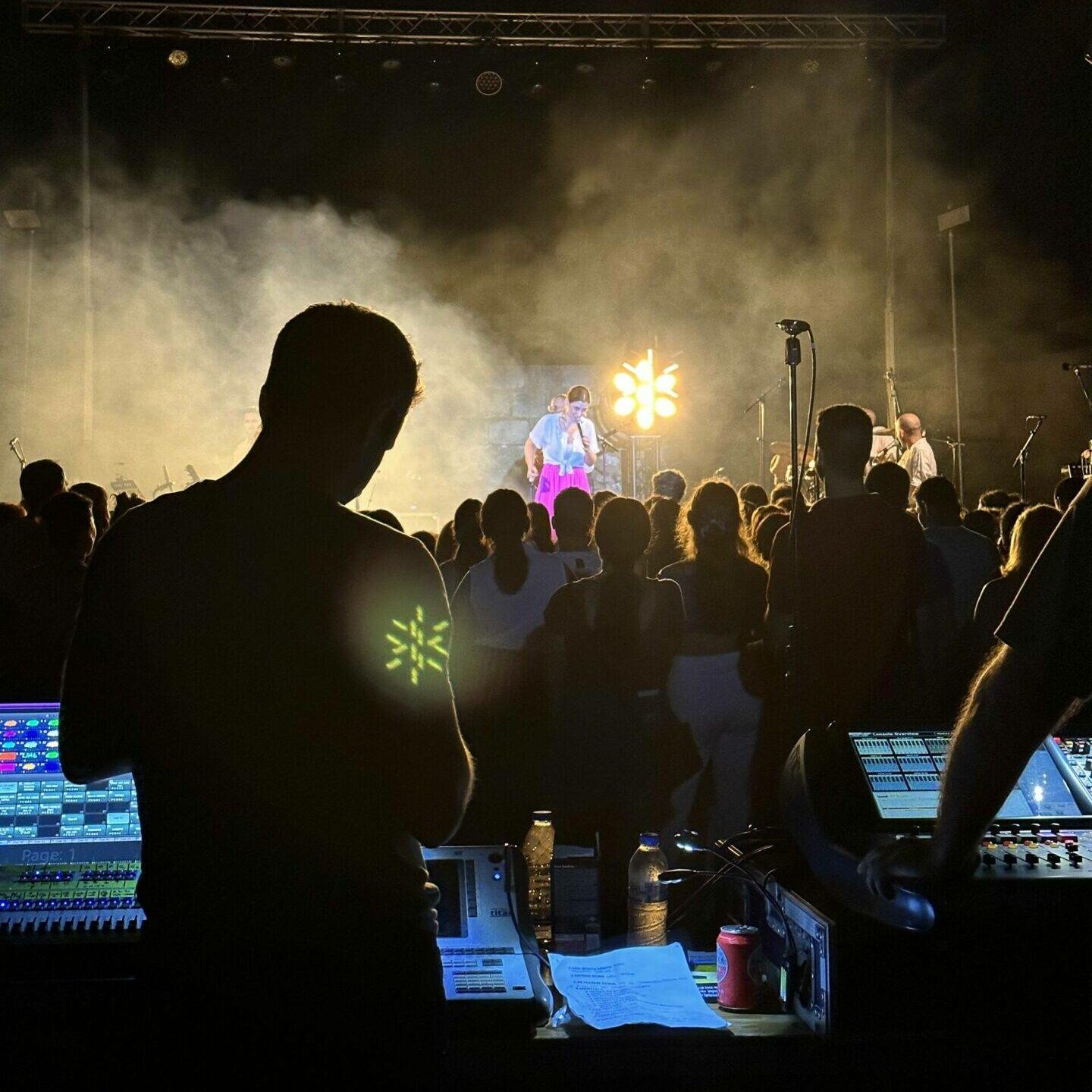 Picture of Mariza Rizou's Concert in Crete, showing stage lights, an Avolites lighting console and a Midas sound console