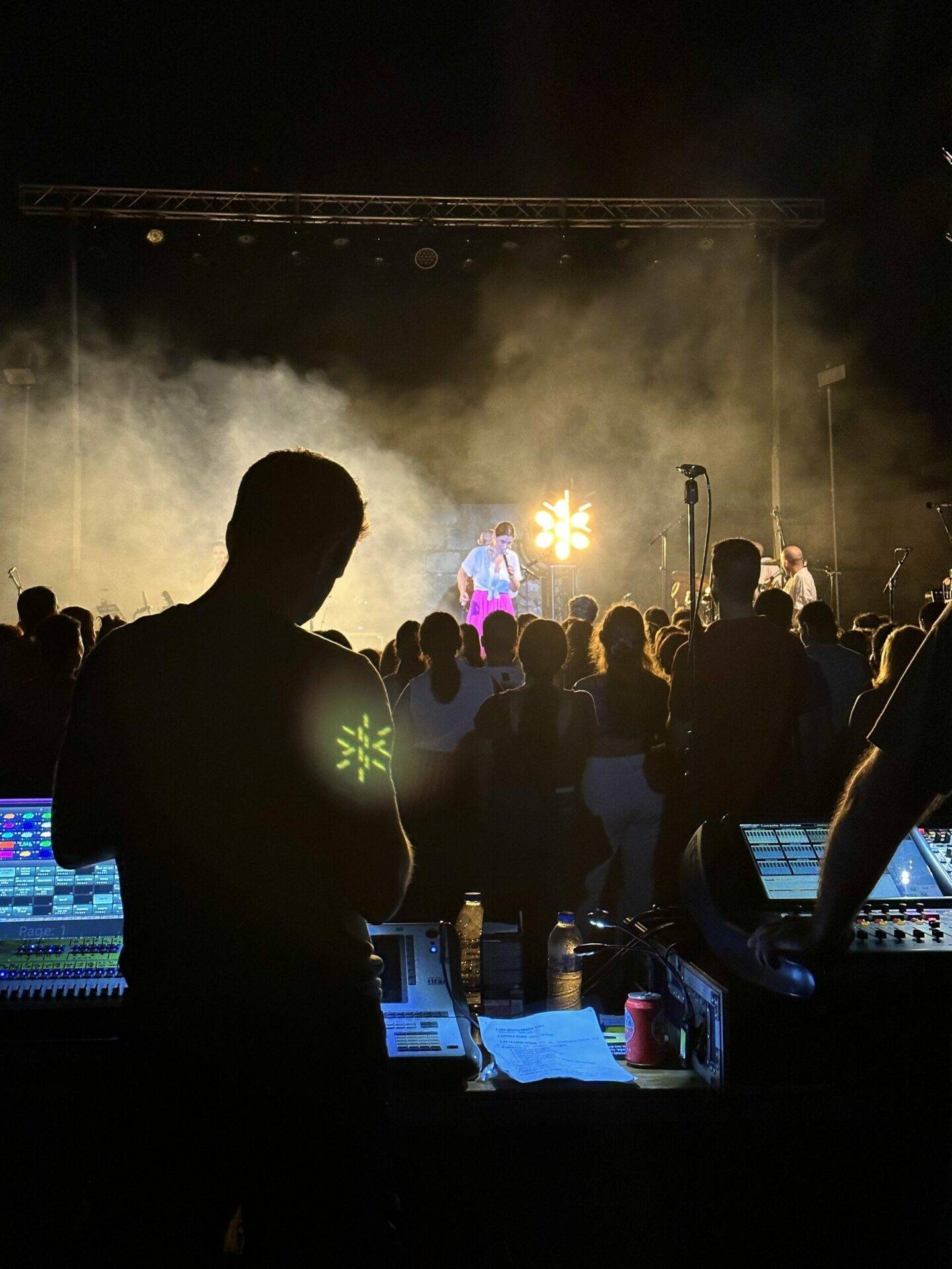 Picture of Mariza Rizou's Concert in Crete, showing stage lights, an Avolites lighting console and a Midas sound console